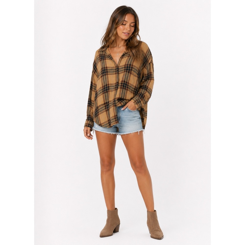 Kavu Plaid Flannel Tunic Women Large Yellow Brown Pockets Outdoor Gorpcore Shirt